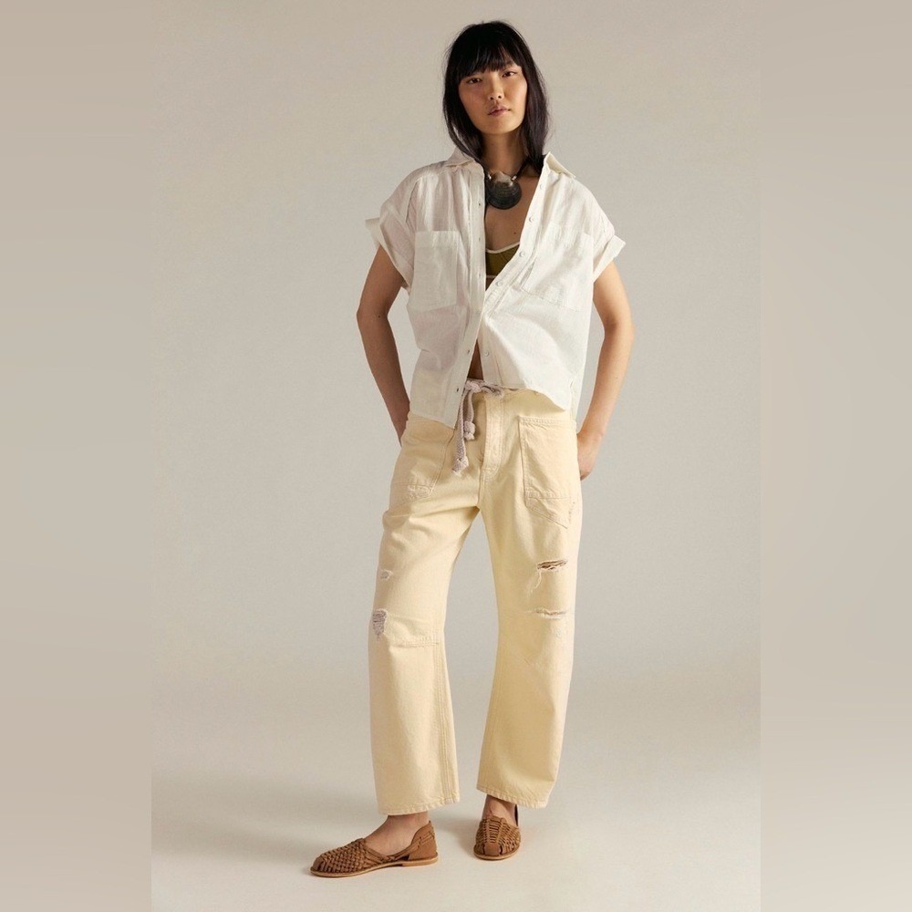 Free People Distressed Yellow Lemon Icing Y2K Moxie Barrel Jeans Size 31 NWT - Picture 5 of 5